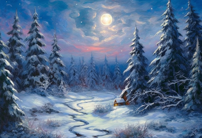 冬天的夜晚晚上天空满月圆月月亮照射在白雪覆盖的森林和松树背景插画,插画/手绘图,插画/手绘图库,插画/手绘图下载,插画/手绘